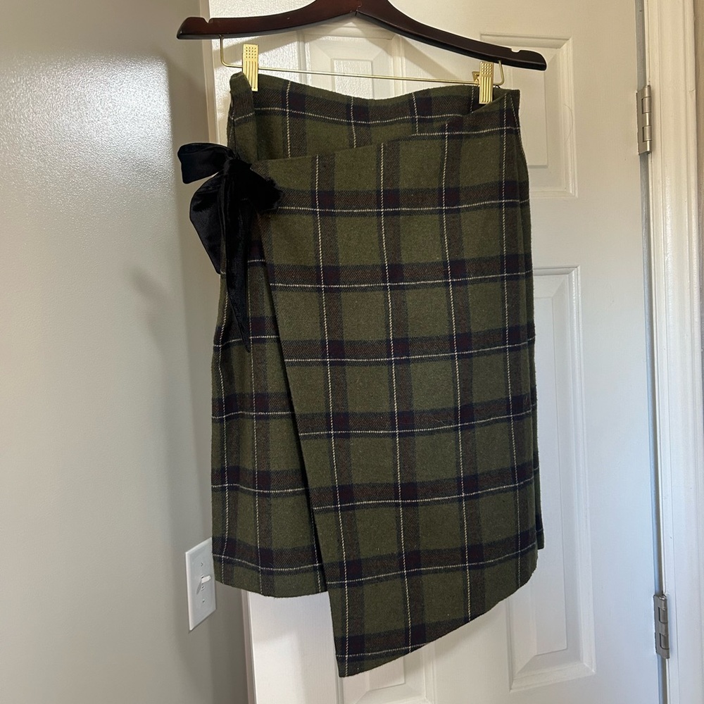 Plaid Asymmetrical Wrap Skirt with Bow - Olive Green us size 8 uk size 12